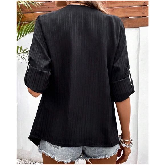 Ribbed Open front Cuffed Sleeve Blazer Jacket - Picture 5 of 13